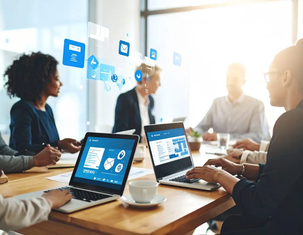 Besprechung mit Laptops und Grafiken im Affiliate Marketing